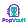PopVault 简约彩色 logo，紫色、青色和橙色的扁平化人偶与拱顶造型图标